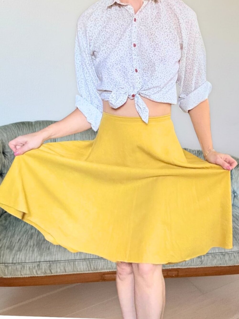 100% Linen Midi High Waisted Circle Skirt Mustard Yellow XS